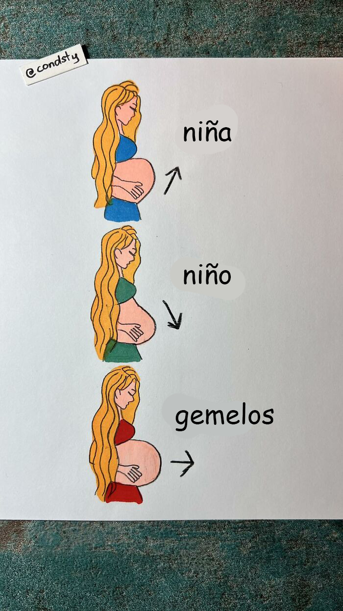 Ilustración de mujer embarazada mostrando teoría falsa sobre ciencia y género con burla en redes sociales.