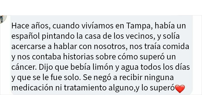Texto de imagen mostrando historia sobre falso tratamiento casero de cáncer ilustrando ciencia falsa y desinformación en redes sociales.