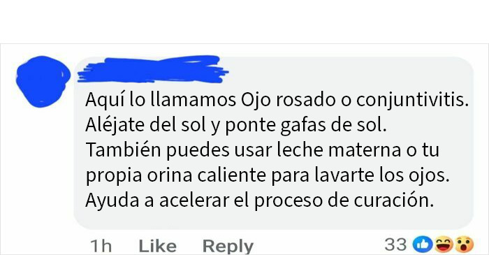 Captura de pantalla de comentario con información falsa sobre tratamiento de conjuntivitis, ejemplo de fake science compartido online.