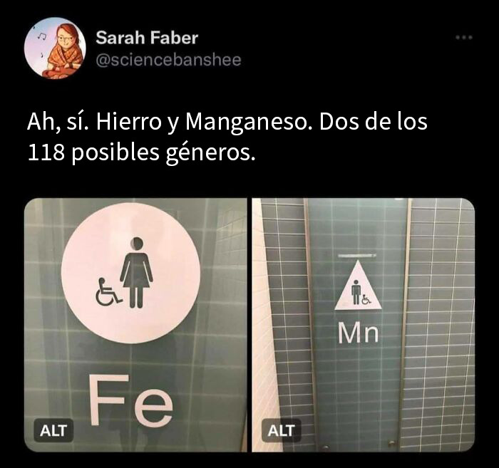 Tuit sarcástico con símbolos de hierro y manganeso en baños, ejemplificando casos virales de ciencia falsa y engaños online.