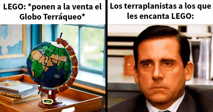 Globo terru00e1queo de LEGO y reacciu00f3n de un hombre serio, representando ciencia falsa y vergu00fcenza en internet.