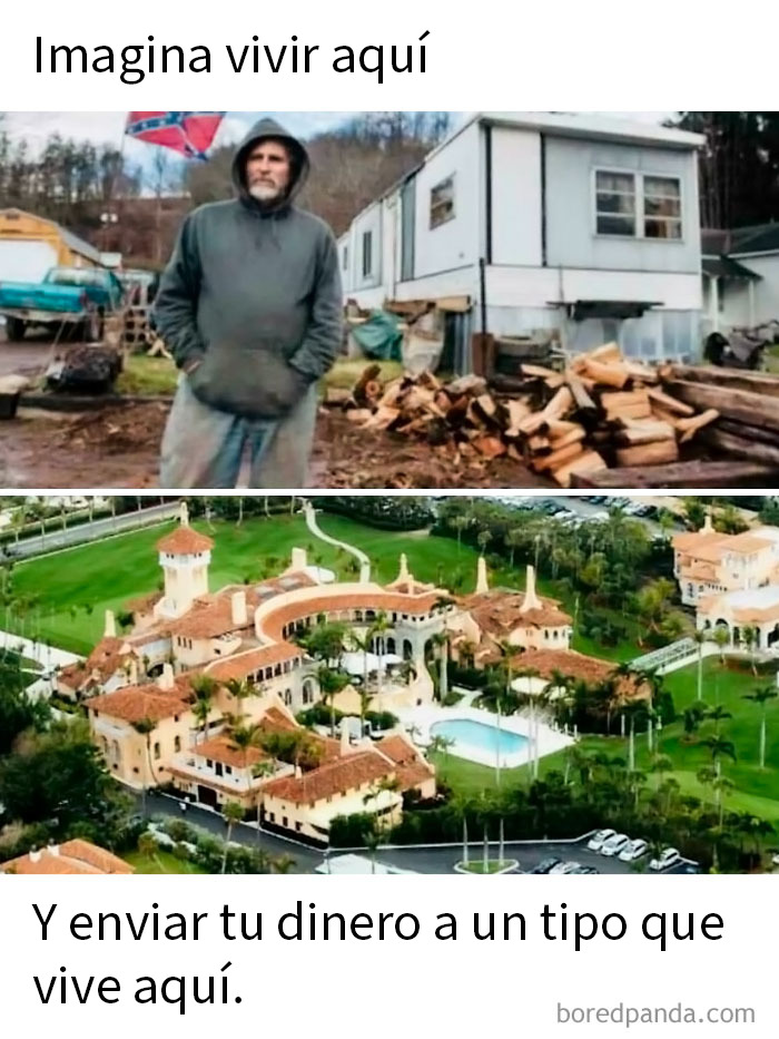 Hombre frente a casa sencilla y mansión lujosa, ejemplo perfecto para momentos de confusión y facepalm.