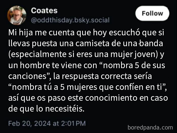 Publicación en redes con texto confuso que provoca facepalm al no entender el mensaje sobre camisetas de bandas y respuestas.