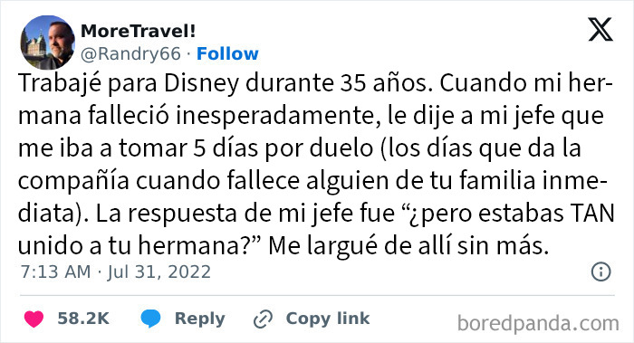 Tuit mostrando experiencia con peores jefes que niegan permiso por duelo a empleado tras muerte de su hermana.