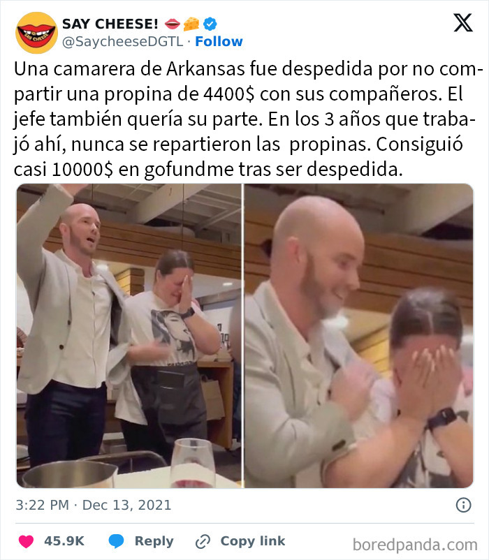 Mesero despedido por no compartir propina; ejemplos de personas con los peores jefes en situaciones laborales reales.