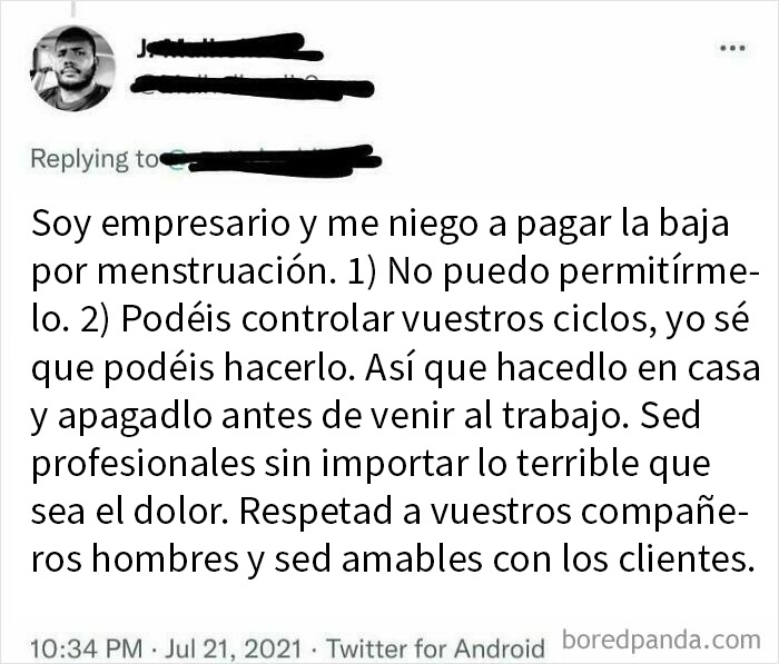Captura de pantalla de conversación donde un jefe justifica no pagar licencia menstrual, mostrando actitudes de peores jefes.