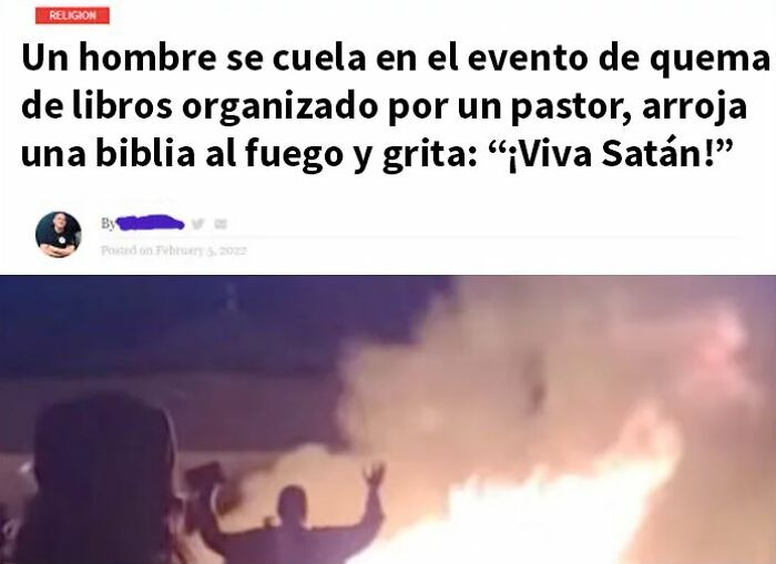Hombre lanza biblia al fuego en evento de quema de libros, mostrando karma en acción en situación polémica y dramática.