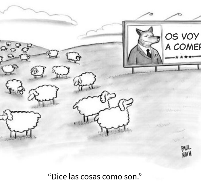 Zorro con traje en cartel diciendo voy a comerte, mientras ovejas observan, ejemplo de karma y leopards ate my face.