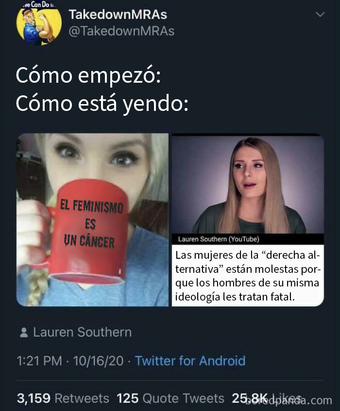 Imagen de un meme mostrando karma con mujer feminista y evolución a posturas alt-right en redes sociales.