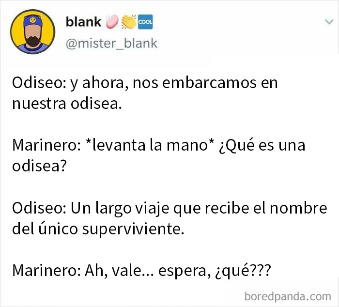 Meme divertido sobre mitología y el viaje de Odiseo, usando humor para explicar términos mitológicos en conversación casual. Meme divertido sobre mitología y el viaje de Odiseo, usando humor para explicar términos mitológicos en conversación casual.