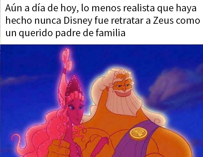 Meme divertido sobre mitos mostrando a Zeus irreconocible como un hombre familiar en una escena de Disney. Meme divertido sobre mitos mostrando a Zeus irreconocible como un hombre familiar en una escena de Disney.