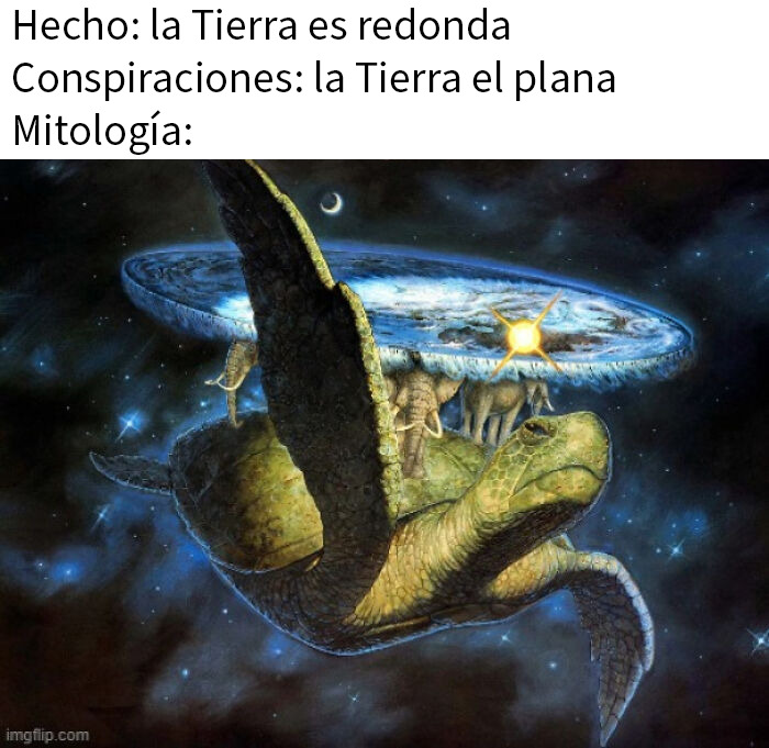 Tortuga gigante sosteniendo elefantes y tierra plana en el espacio, meme divertido de mitología para reír. Tortuga gigante sosteniendo elefantes y tierra plana en el espacio, meme divertido de mitología para reír.