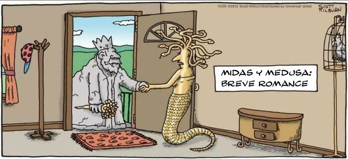 Dibujo cómico de mitos con Medusa y Midas saludándose, ilustrando memes divertidos sobre mitología y drama familiar. Dibujo cómico de mitos con Medusa y Midas saludándose, ilustrando memes divertidos sobre mitología y drama familiar.