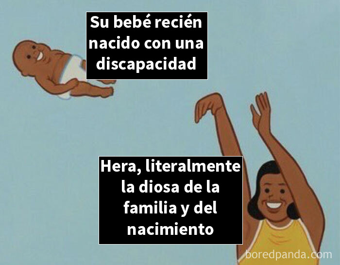 Memes graciosos de mitología con bebé y Hera diosa del parto y la familia en contexto cómico y familiar. Memes graciosos de mitología con bebé y Hera diosa del parto y la familia en contexto cómico y familiar.