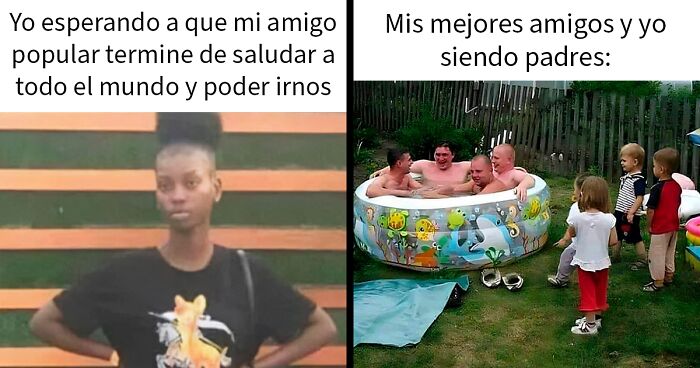 Persona esperando impaciente y grupo de amigos adultos en piscina inflable con niu00f1os, reflejando humor y supervivencia social.