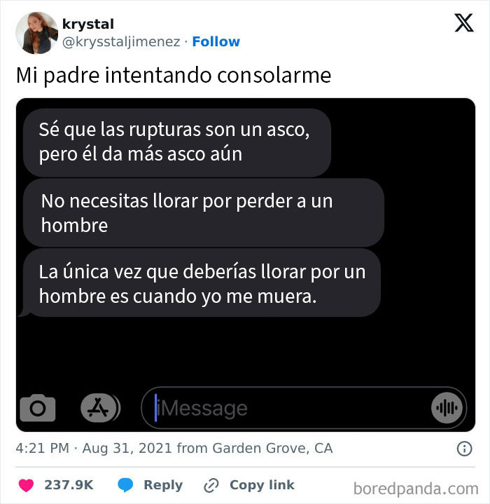 Mensaje de texto gracioso donde un papá consuela a su hija con humor, mostrando lo divertidos que son los padres. Mensaje de texto gracioso donde un papá consuela a su hija con humor, mostrando lo divertidos que son los padres.