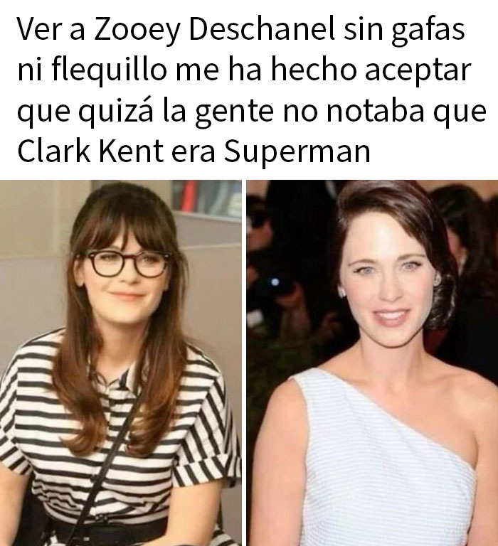 Comparación de Zooey Deschanel con y sin gafas en meme divertido de Super Culture para combatir el aburrimiento.
