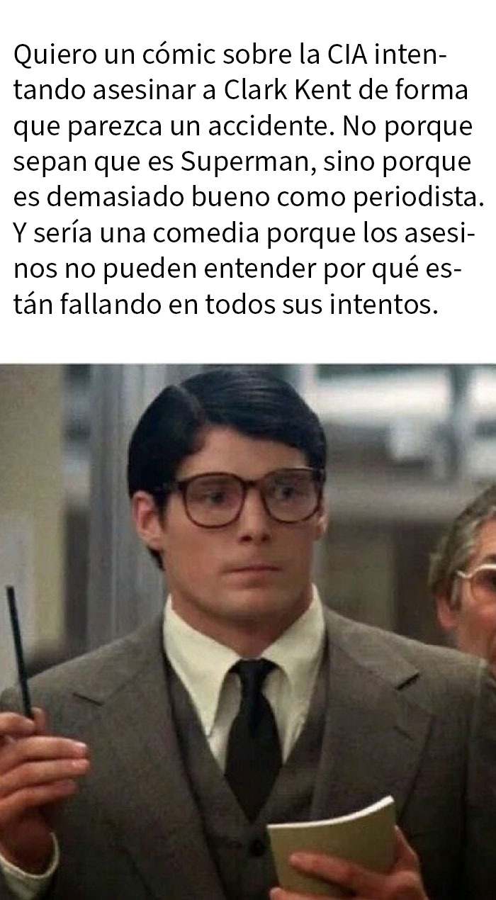 Hombre con gafas y traje representando a Clark Kent en meme humorístico sobre Super Culture contra el aburrimiento.