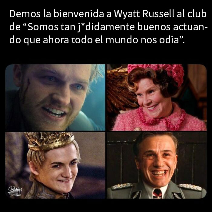 Brad Pitt y Leonardo DiCaprio en traje de gala con texto humorístico para Super Culture y combatir el aburrimiento.