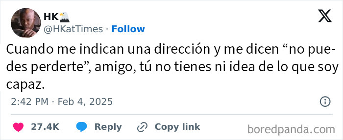 Captura de pantalla de post brutalmente honesto y divertido en X sobre direcciones y capacidades con tono humorístico.
