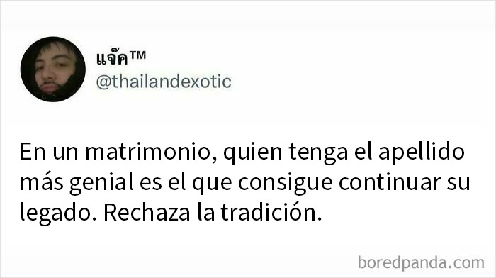 Captura de pantalla de un post brutalmente honesto y divertido en X sobre tradiciones y apellidos en el matrimonio.
