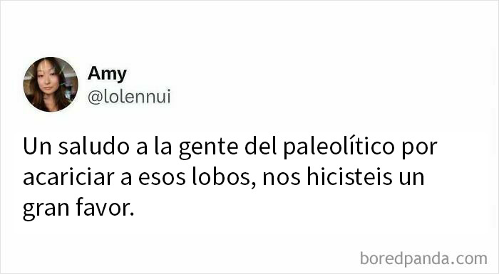 Captura de pantalla de un post honesto y divertido en X sobre el agradecimiento a personas paleolíticas por acariciar lobos.