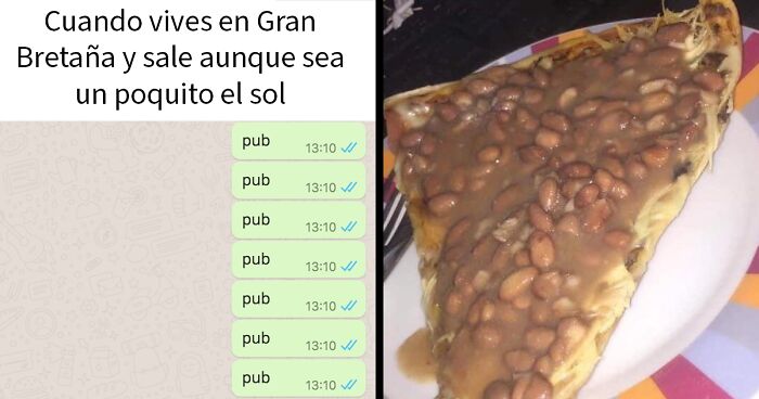 Memes divertidos sobre britu00e1nicos mostrando su humor y costumbres cotidianas, especialmente con el sol y el pub en Gran Bretau00f1a.