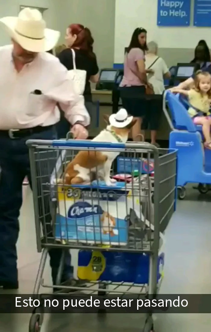 Hombre con mascarilla y carrito frente a Walmart en imagen divertida y confusa típica de People Of Walmart.