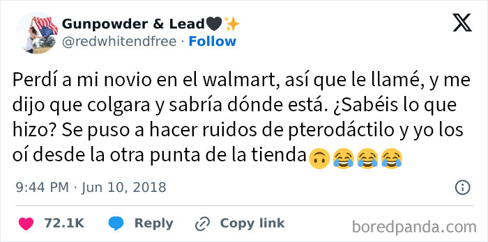 Tuit divertido sobre alguien perdido en Walmart haciendo ruido de pterodáctilo para ser encontrado rápidamente.