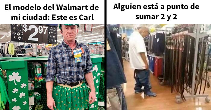 Hombres con atuendos y comportamientos confusos dentro de la tienda Walmart causando sorpresa.