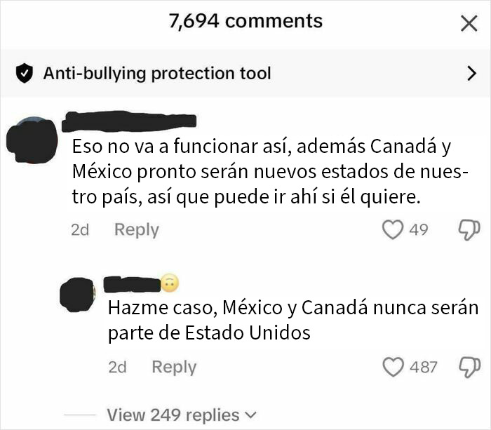 Comentarios en redes sociales discutiendo de forma divertida sobre Canadá y Estados Unidos en un contexto embarazoso.