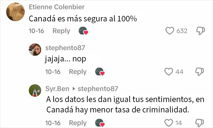Comentarios en línea sobre seguridad y tasa de criminalidad en Canadá, destacando críticas entre usuarios sobre América.