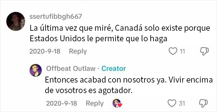 Comentario en redes donde Canadá se burla de América con humor embarazoso y sarcástico.