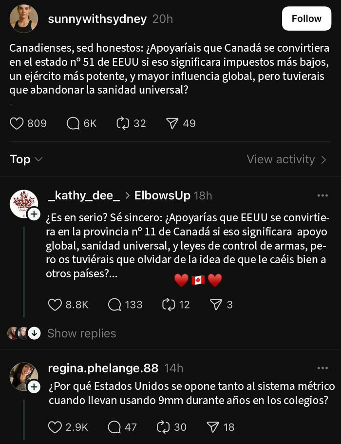 Comentarios en redes sociales donde canadienses y estadounidenses discuten salud pública y sistema métrico, destacando humor canadiense.