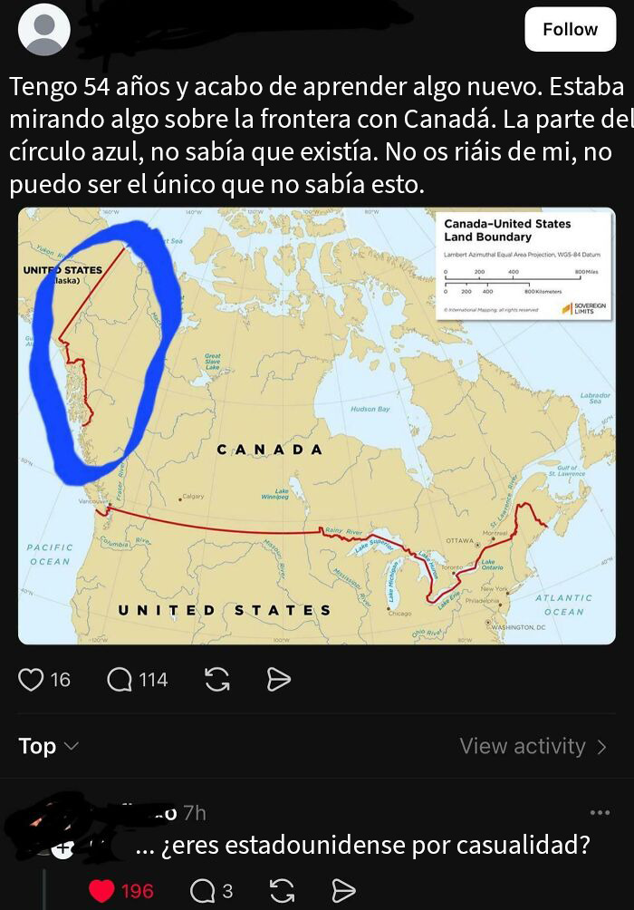 Mapa con frontera entre Canadá y Estados Unidos, destacando la curiosidad sobre la geografía en la frontera canadiense.