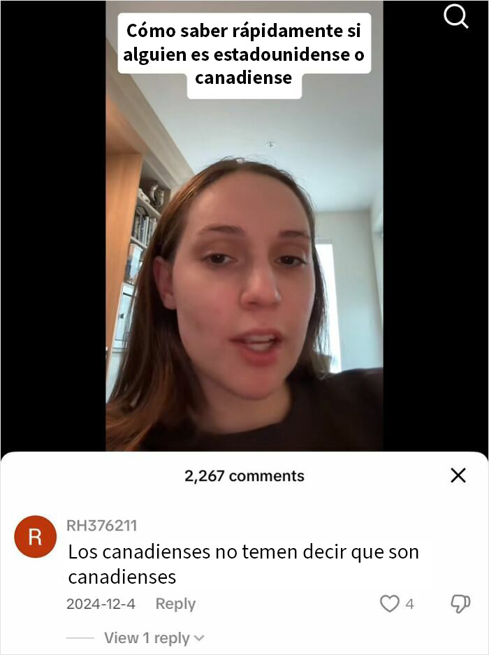 Mujer explicando cómo saber rápido si alguien es americano o canadiense en un video viral sobre Canadá y América.