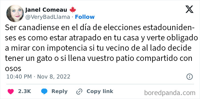 Tuit canadiense sarcástico sobre elecciones americanas, destacando momentos vergonzosos y bromas entre Canadá y Estados Unidos.