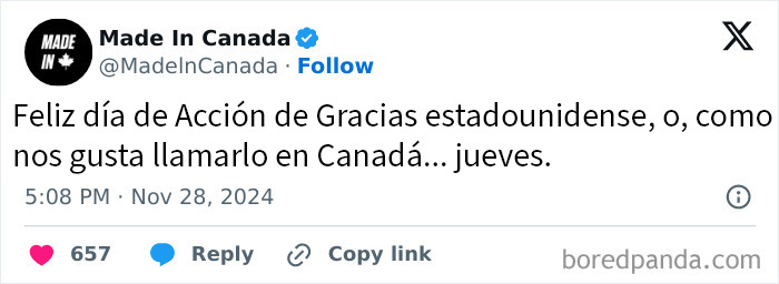Tuit de Made In Canada bromeando sobre el Día de Acción de Gracias estadounidense, mostrando el humor canadiense con roasts.