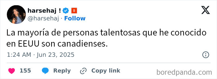 Tuit destacando que la mayoría de las personas talentosas que conoce en América son canadienses, con interacción y diseño de red social.
