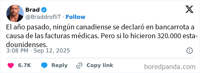 Tuit mostrando comparación entre Canadá y América sobre quiebras por facturas médicas, con tono sarcástico y crítico.