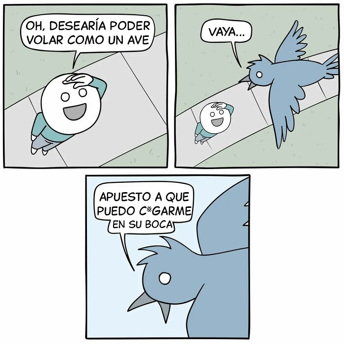 Viñeta cómica divertida con humor oscuro mostrando a un hombre deseando volar y un pájaro con comentario sarcástico.