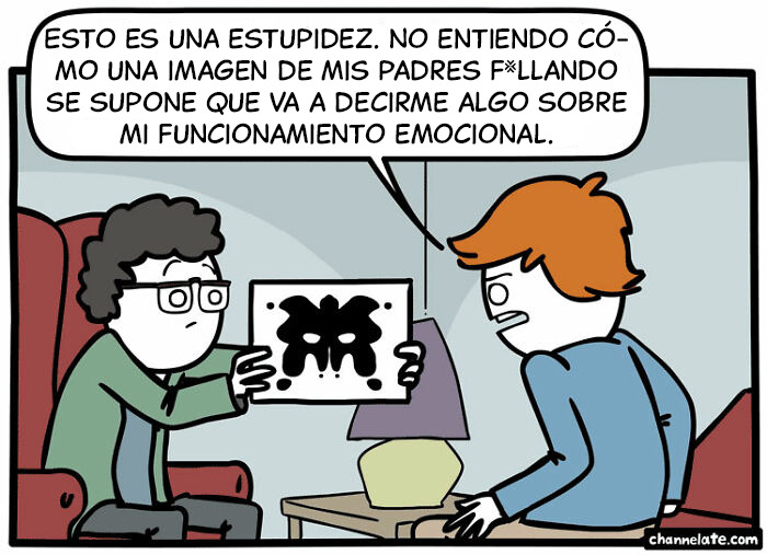 Cómic divertido con humor negro donde un paciente discute una prueba psicológica con su terapeuta.