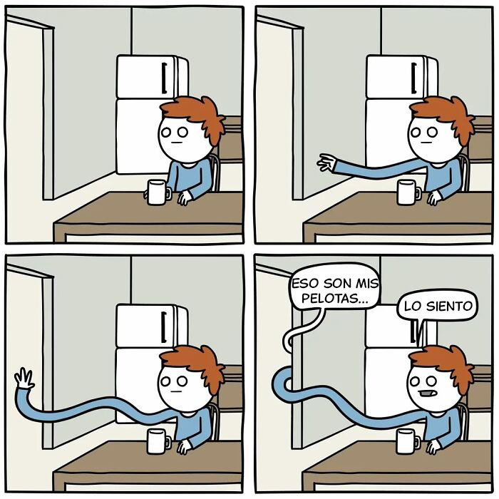 Cómic divertido con humor oscuro que muestra un personaje abrazando a un bebé y reflexionando sin arrepentimientos.