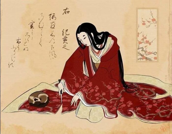 Grabado antiguo con mujer cortando dobladillo de kimono para no despertar a un gato medieval en imagen divertida de gatos.