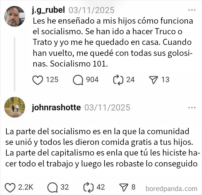 Intento fallido en redes sociales sobre explicación de socialismo y capitalismo con comentarios irónicos y reacciones.