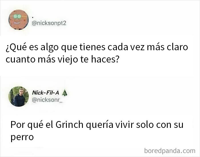 Memes divertidos sobre la claridad que se obtiene al envejecer y entender por qué el Grinch quería vivir solo con su perro.