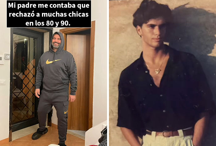 Padre actual y foto antigua de joven, demostrando sorpresa y nostalgia con imágenes de padres en su juventud.