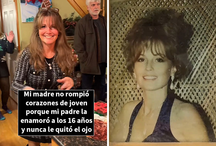 Mujer mostrando fotos de padres jóvenes sorprendiendo a sus hijos con imágenes antiguas en reunión familiar.