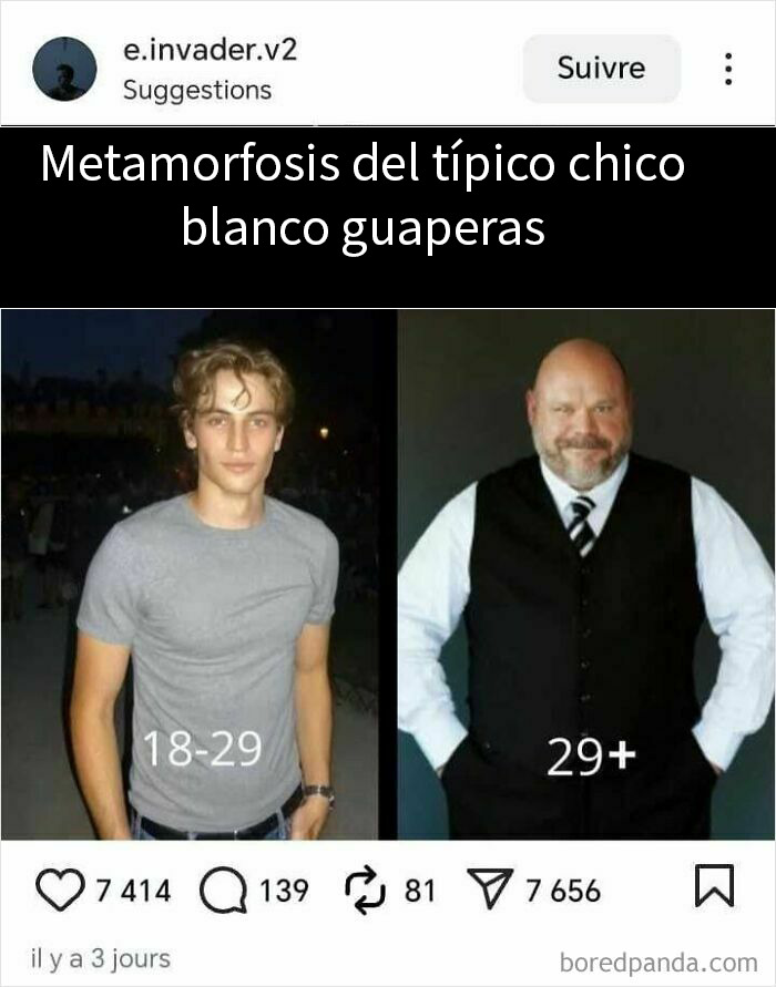 Transformación divertida de hombre joven a mayor mostrando memes graciosos y entretenimiento aleatorio.