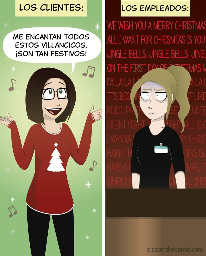 Cliente feliz con música navideña y empleado agotado con pensamientos de villancicos, humor relatable en PizzaCake comics.
